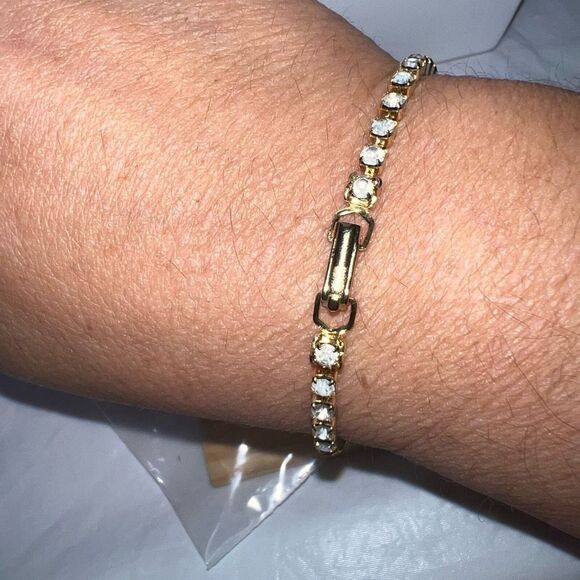 Vintage Gold Tone Prong Set Rhinestone Tennis Bracelet - Picture 4 of 5